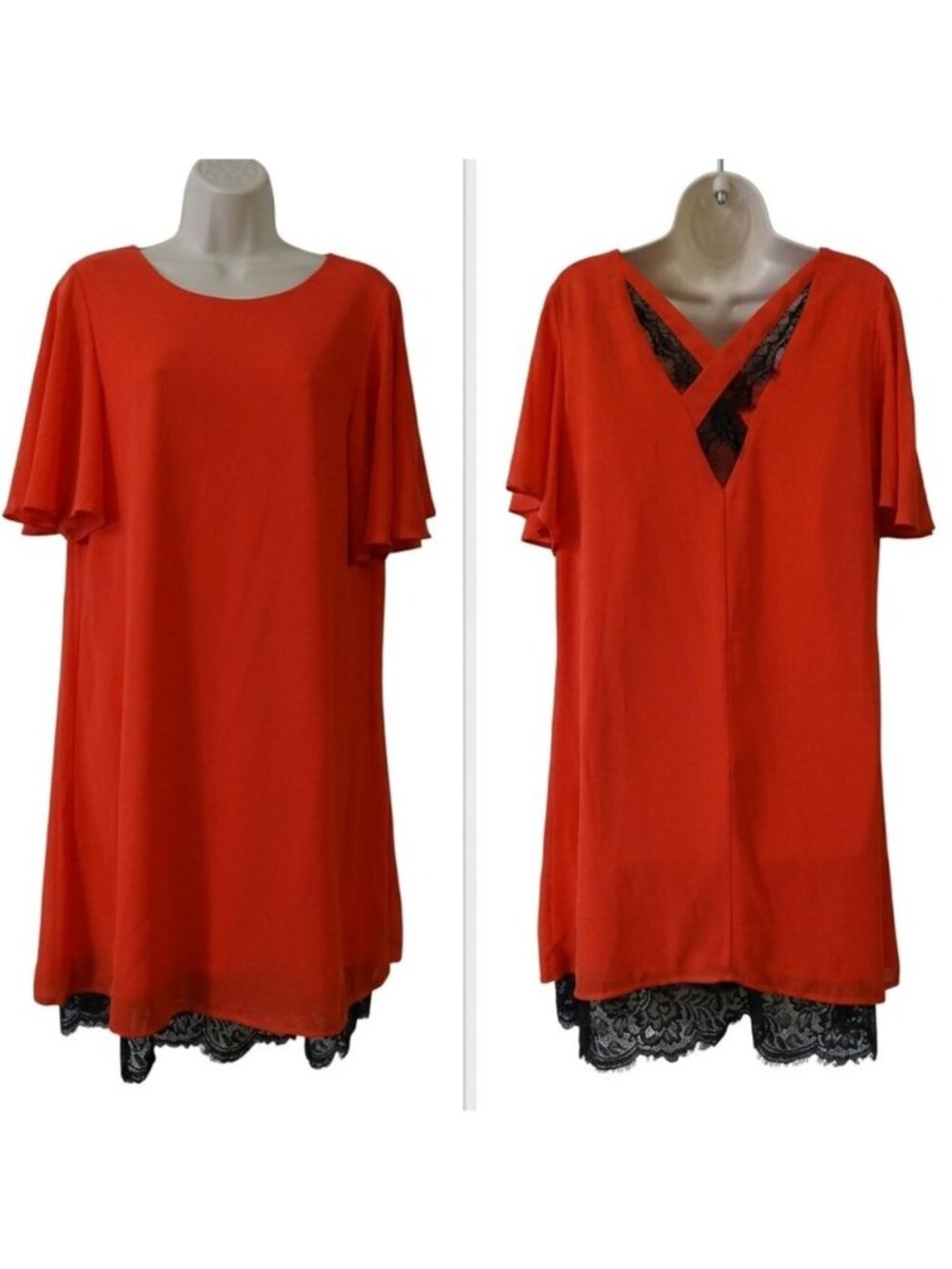 Ya Los Angeles Women Orange Flutter Sleeve Shift Dress Size L Lace Silk Blend